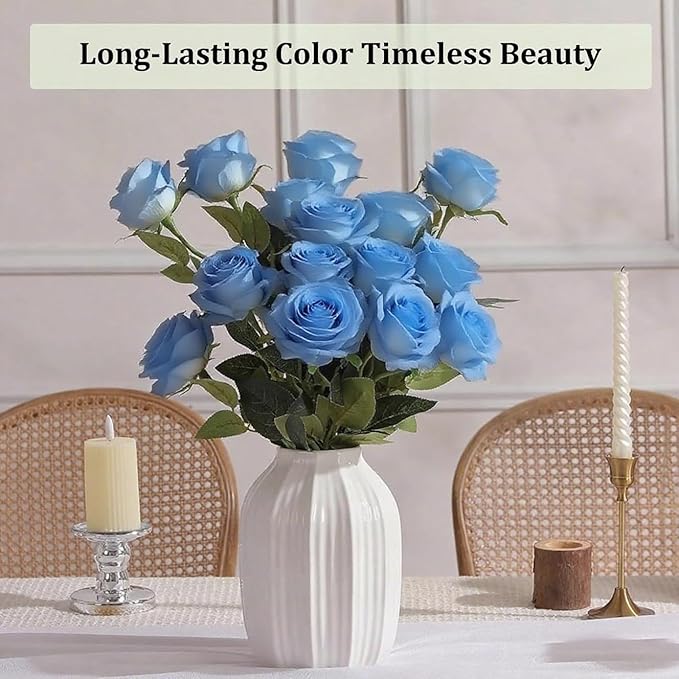Blue Roses Artificial Flowers 15 PCS, Fake Roses Silk Flowers with Long Stems, Faux Rose for Wedding Centerpieces, Home Decor, Indoor Floral Arrangements, Party Decor, DIY Bouquet (Sky Blue)
