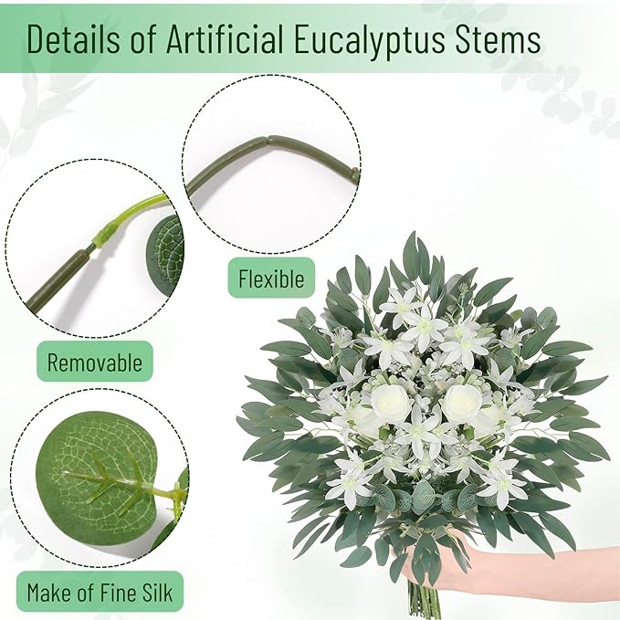 120 Pcs Artificial Eucalyptus Stems, 4 Kinds Mixed Faux Greenery Stems Fake Silver Dollar Eucalyptus Leaves Bundle for DIY Bouquets Centerpiece Spring Floral Arrangement Wreath Home Wedding Decor