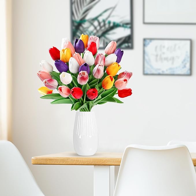 Sggvecsy 30 Pcs Fake Tulips Artificial Flowers Real Touch PU Faux Flowers Tulip Stems for Wedding Spring Bouquet Floral Arrangement Party Home Office Decorations for Mother's Day (Multi Colors)