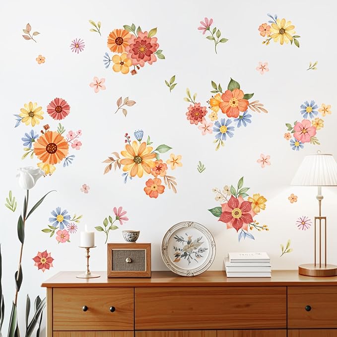 Tanlaby Boho Daisy Flowers Wall Stickers Watercolor Floral Wall Decals Peel and Stick Bohemian Wildflowers Art Decor for Girls Bedroom Living Room Wardrobe