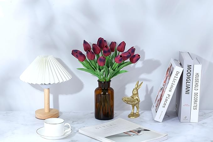 SITUMEIZI 15pcs Tulips Fake Burgundy Artificial Flowers Real Touch 14" Silk Flower for Home Decor Easter Spring Wedding Bouquet Decorations Mother's Gift Day Floral Arrangements