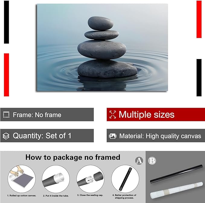 Zen wall art Harmonious grey stones stacked on a calm surface of water Serene Zen decor suitable for tranquil homes and spaces of meditation 28x40in Frameless