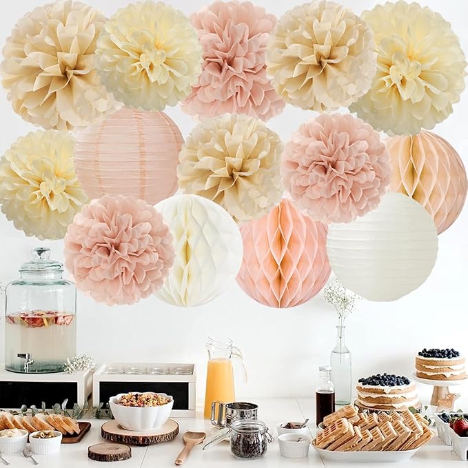 Champagne Beige Paper Flowers Tissue Pom Poms Honeycomb Lanterns 15pcs Party Decorations for Boho Fall Rustic Birthday Baby Shower Neutral Autumn Wedding Bridal Hanging Decor Mprocherify