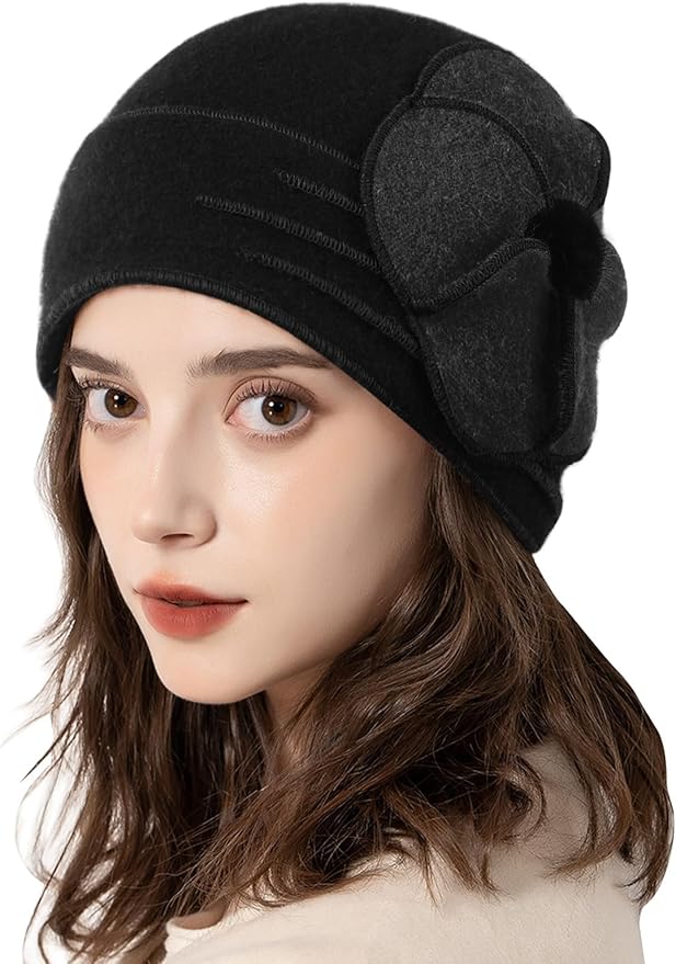 Sumolux Beanie Hats for Women Wool Skull Cap Beret Floral Cuffed French Vintage Dress Cloche Classic Winter 1920s