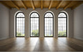 Empty Room Backdrop Concrete Walls Wooden Floor with Big Arched Windows Dance Photography Background Empty Loft Style with Brick Wall Photography Party Decorations Photo Studio Props 12x8ft