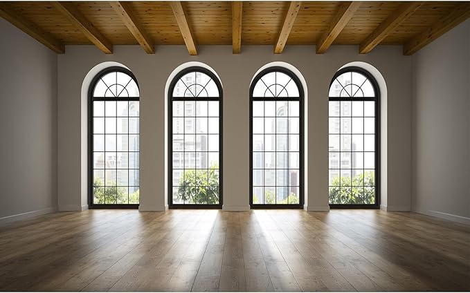 Empty Room Backdrop Concrete Walls Wooden Floor with Big Arched Windows Dance Photography Background Empty Loft Style with Brick Wall Photography Party Decorations Photo Studio Props 7x5ft