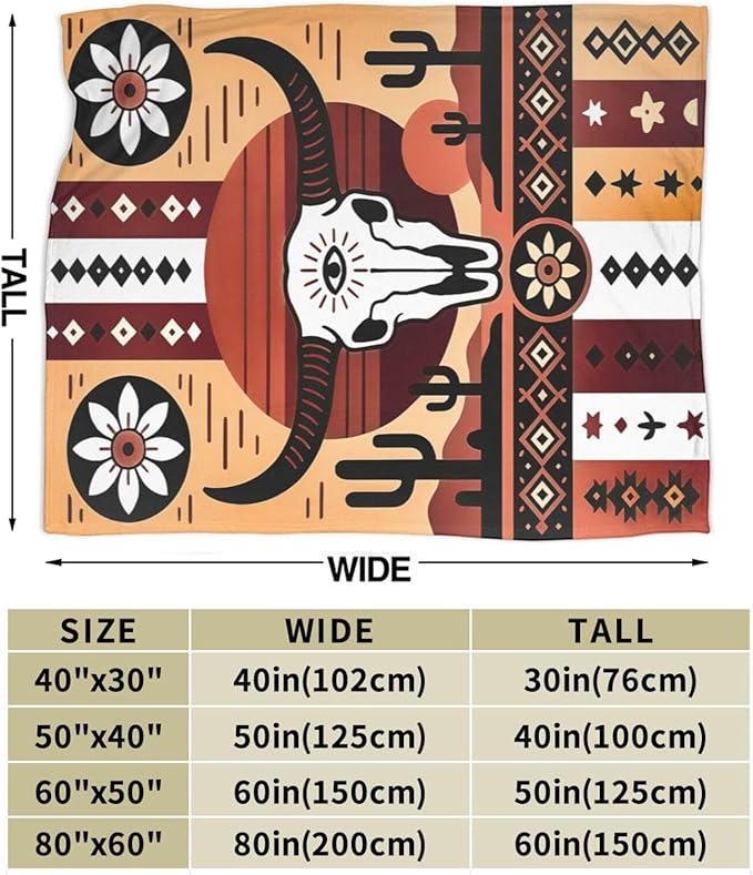 Western Boho Bull Skull Blanket Southwest Aztec Tribal Southwestern Navajo Throw Blanket Soft Cozy Fleece Fuzzy Stuffed Plush Flannel Gifts for Girls Women Boys Kids Adults 60''x80''