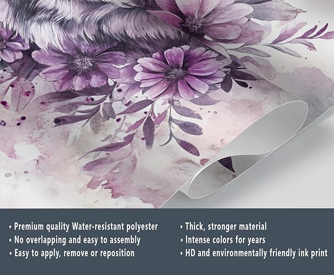 Wolf with Floral Watercolor Wall Mural, Purple Wolf Watercolor Art 3D Wall Murals, Art Flower Painting Wallpaper Mural, for Living Room Bedroom Large Wallpaper Indoor Decor 137.8" W x100 H