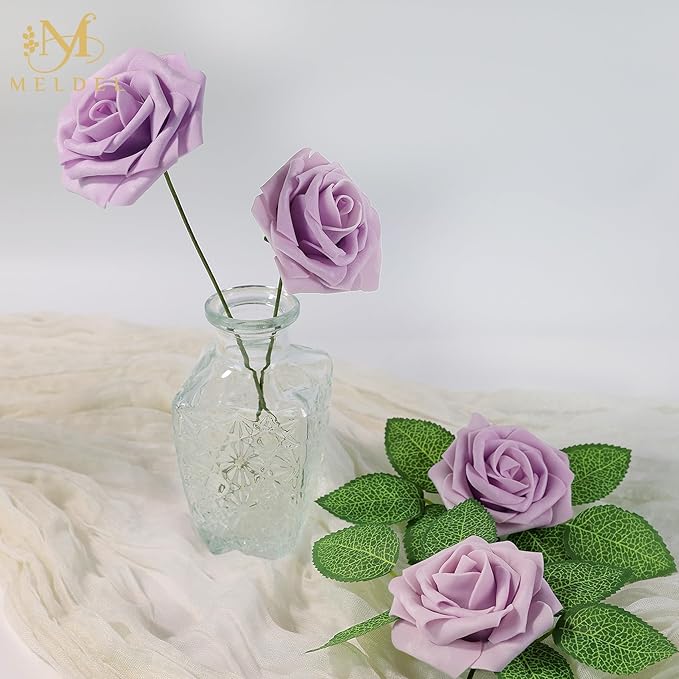 Meldel Artificial Flowers 25pcs Real Looking Dusty Violet Pale Lavender Foam Fake Roses with Stems for DIY Wedding Bouquets Bridal Shower Centerpieces Floral Arrangements Home Decorations Bulk Rose