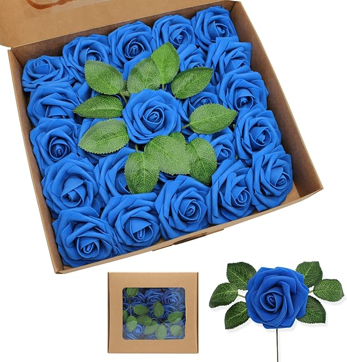 Artificial Roses Flowers 50pcs Real Looking Foam Fake Roses with Stems for DIY Wedding Bouquets Bridal Shower Centerpieces Party Decorations (50, Navy Blue)