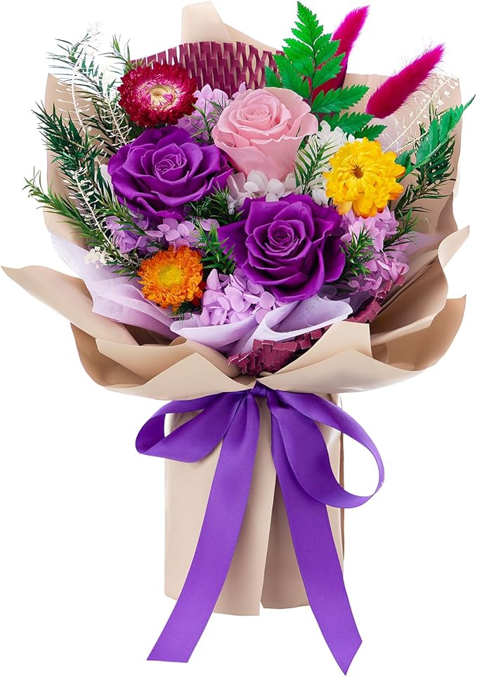 Forever Flowers Gifts for Her, Preserved Flowers Bouquet Birthday Gifts for Women, Preserved Roses for Grandma Wife Anniversary Valentine's Day Mother's Day (Purple Paper)