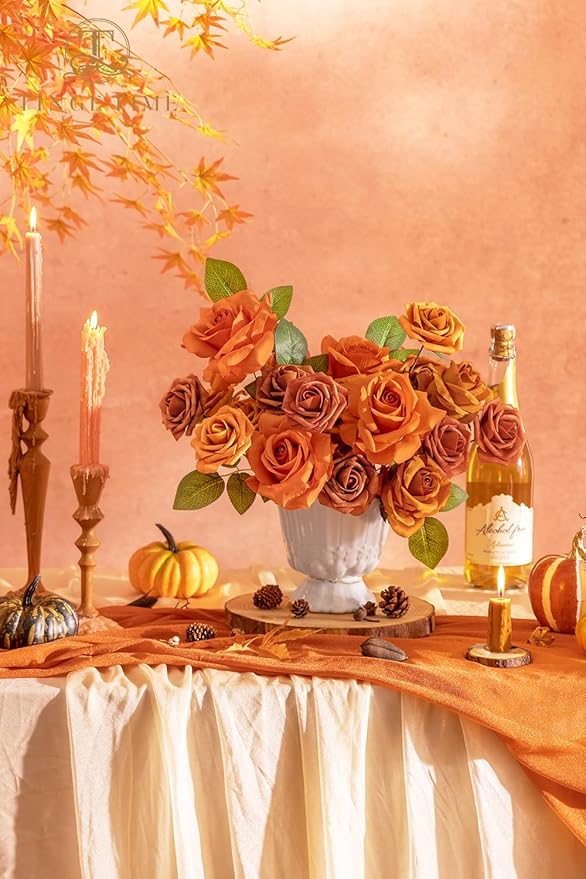 TINGE TIME Artificial Flowers 24pcs Real Looking Silk Flowers Fake Rose with Stems for DIY Wedding Bouquets Burnt Orange Bridal Shower Centerpieces Party Decorations (Maple Red A)