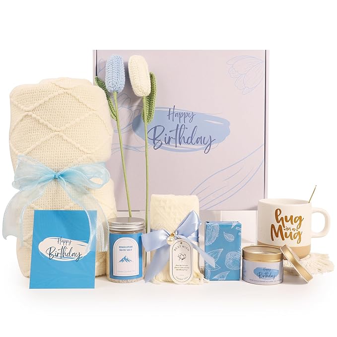 Birthday Gifts for Women, Happy Birthday Gifts for Mom, Her, Sister, Best Friend, Girlfriend, Coworker, Wife Bday Gift Ideas, Unique Relaxing Spa Birthday Gift Basket for Women Care Package w/Blanket