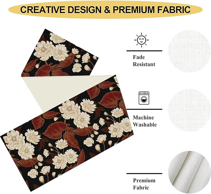 Boho Floral Table Runner, Black White Minimalist Vintage Rustic Flower Botanical Leaf Print Table Center Decor for Family Kitchen Table Decorations Indoor Outdoor 13x72 inch