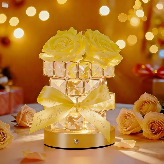 Christmas Gifts for Woman, Touch Crystal Rose Lamp, Elegant Flower lamps, Yellow Roses Crystal Lights Base, Yellow Nightlight, Gifts for Her, Mom, Wife, Girlfriend, Valentines, Birthday Gifts