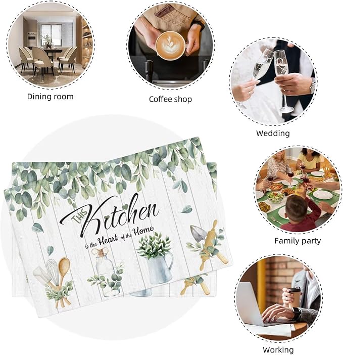 Eucalyptus Leaves Kitchen Table Placemats Set of 6 Rustic Green Plant Print Placemat Indoor Outdoor Party Home Desktop Dining Room Decoration 12x18 Inch
