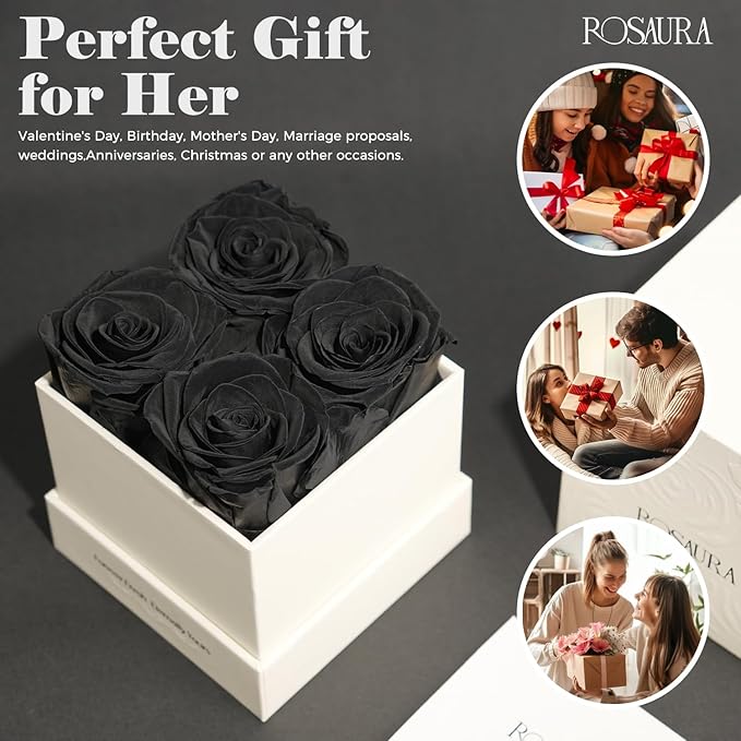 Rosaura 4-Piece Eternal Preserved Roses & Flowers Gift Box - Forever Lasting Real Roses, Preserved Flowers for Valentine's Day Black