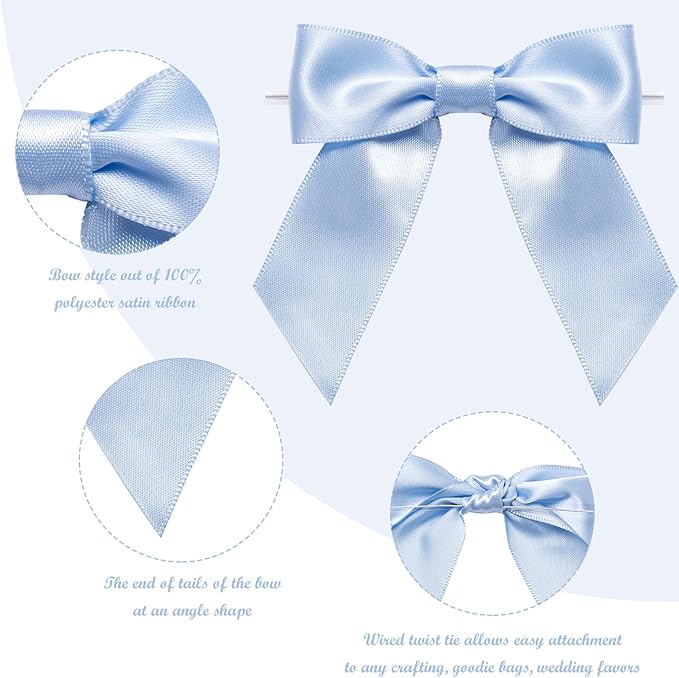 WRAPAHOLIC 30 Pcs 3" Dusty Blue Satin Ribbon Bows with Twist Tie - Pretied Premade Craft Bows for Christmas Party Crafts Treat Bags Gift Wrapping Wedding Birthday Baby Shower