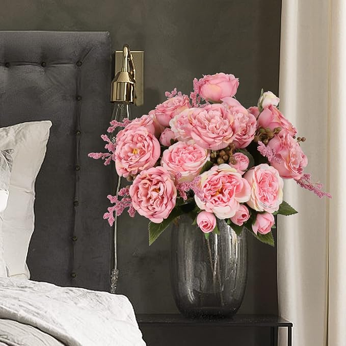Artificial Peonies Silk Flowers, Pink Faux Peony Bouquet 4 Bundles Florals Arrangements for Farmhouse Home Boho Wedding Table Centerpiece, Fake Plastic Flowers Bulk for Vase Decoration (Blush Pink)