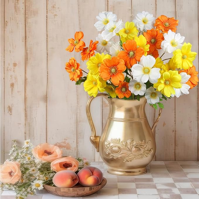 6 Pcs Artificial Flowers with Stems Faux Daisy Flowers Bouquet Orange Gardenia Silk Flowers for Home Decor Indoor Vase Outdoors Balcony Table Centerpiece Outside Floral Arrangements Wedding