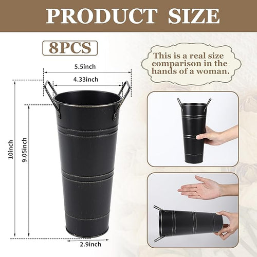 12pcs Small Black Rustic Vase, Small Metal Vases for Flowers, Galvanized Metal Bucket with Handles, Rustic Farmhouse Vases for Flowers for Home Décor (Black,10'' Height,Set of 12)