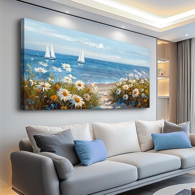 PHAOHUAXM Large Blue Ocean Landscape Canvas Printing Picture Wall Art For Living Room Farmhouse Dinin Mural White Flowers Bedroom Office Wall Decor Home Decor Painting Easy To Hang 30x60 Inches