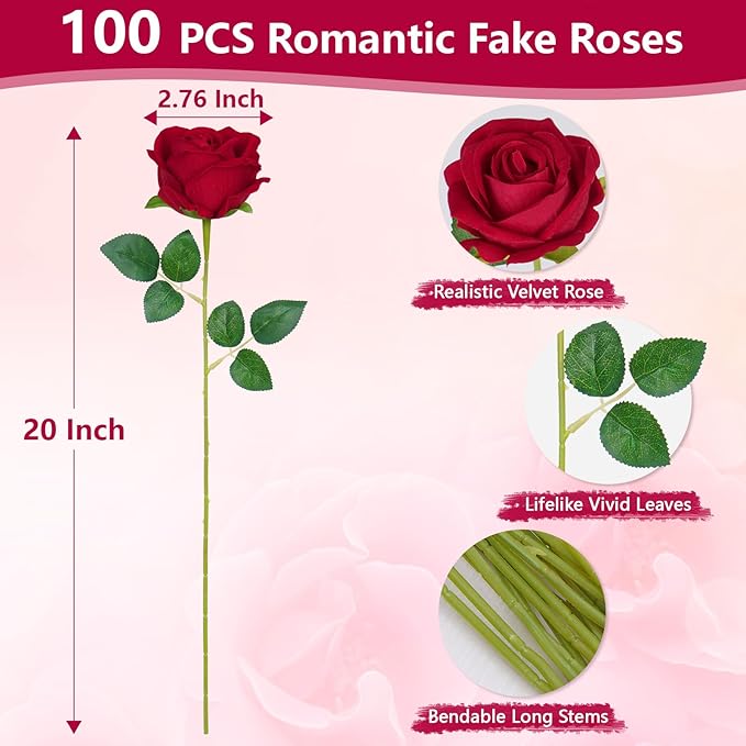BLEUM CADE 100 Pcs Red Roses Artificial Flowers, Real Touch Velvet Roses Fake Flowers Bulk, Artificial Roses Bouquet with Long Stems Bridal DIY Wedding Party Centerpiece Decorations