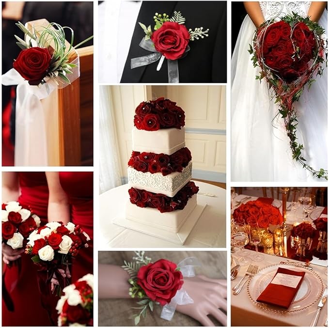 Artificial Roses 50 Pcs Velvet Silk Rose Real Touch Long Stem Fake Flowers in Bulk for Flower Arrangement Wedding Centerpieces Home Party Decor (Red)