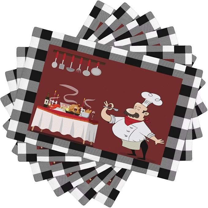 Chef Kitchen Linen Placemats Set of 6 Black White Buffalo Plaid Cooking Theme Placemats for Indoor Outdoor Party Home Desktop Dining Room Decor 12x18 Inch