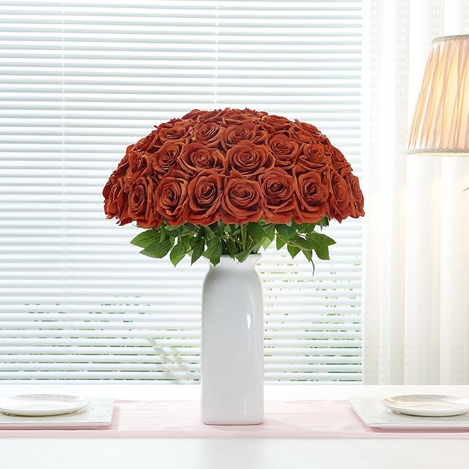50Pcs Burnt Orange Roses Artificial Flowers Artificial Silk Roses Bulk,Fake Roses Flower with Stems Realistic Flowers for Wedding Centerpiece Home Party Decor