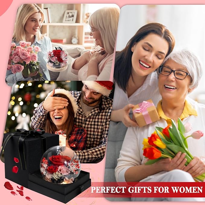 FIACO Preserved Rose Birthday Gift for Women Forever Fresh Flowers for Prime Delivery Gift for Mom Grandma Wife Valentines Mothers Day Christmas Anniversary Eternal Roses in Glass Dome