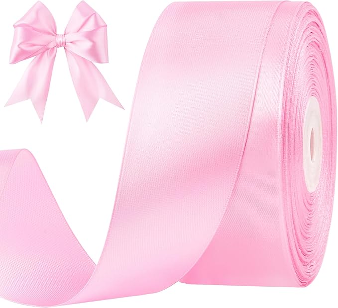 1-1/2 Inches 50 Yards Light Pink Satin Ribbon, Solid Fabric Ribbon Roll for Flower Bouquets, Gift Wrapping, Wedding, Handmade Crafts