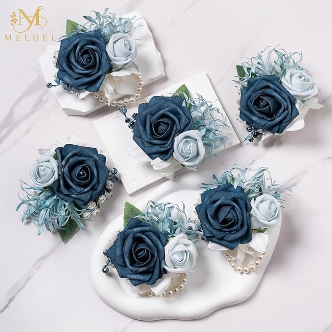 Meldel Navy Blue Wrist Corsage,Set of 6, Homecoming Wrist Flower Girl/Mother Corsages Wristlet Décor Perfect for Bride Bridesmaids Wedding Guests Hand Flower, Proms, Party, Ceremony Anniversary