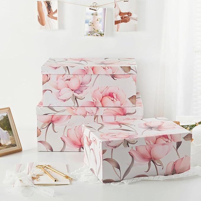 Soul & Lane Decorative Cardboard Storage Boxes with Lids for Home Decor and Organization, Set of 3 Large Keepsake Boxes for Memories & Gifts, Nesting Floral Photo Storage Containers, Peonies Paradise