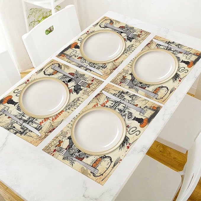 Halloween Placemats Vintage Rustic Farmhouse Gothic Dark Castle Halloween Witch Pumpkin Black Cat Raven Skull Moths Placemats Table Kitchen Dining Party 12x18 Inch Set of 6