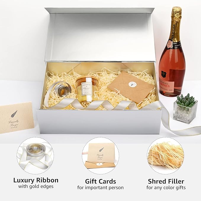 LIFELUM Large Gift Boxes with Lids, 2 Pack 13.8 x 8.3 x 4.4 inch Silver Gift Boxes with Ribbon, Card, Shredded Paper Filler for Presents, Graduation, Christmas, Birthdays
