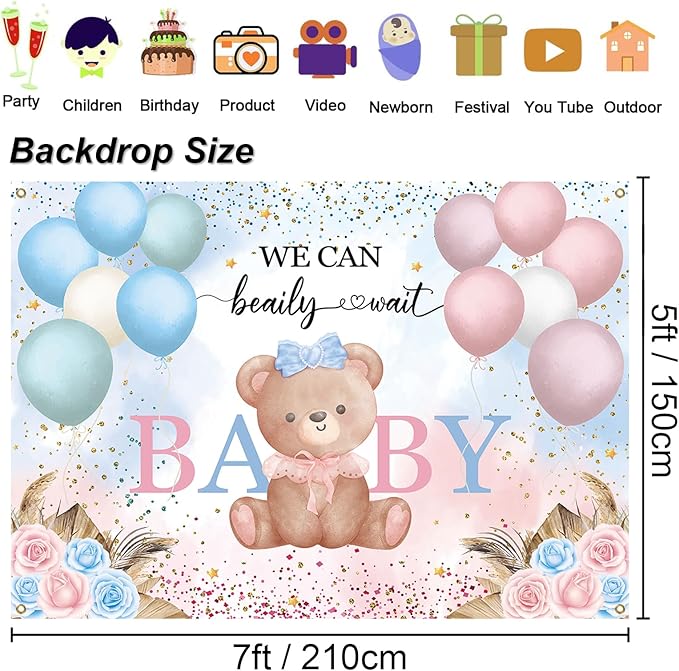 7x5ft Teddy Bear Gender Reveal Party Decorations, We Can Bearly Wait Baby Shower Backdrop, Blue Pink Balloon Floral Banner for Boy or Girl Baby Shower Photography Background