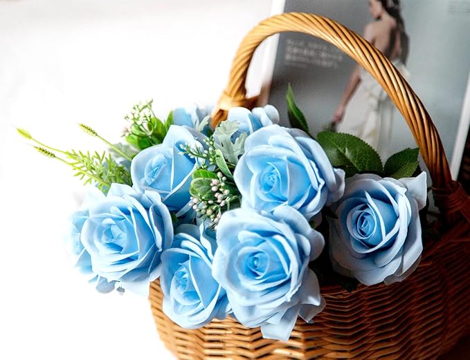 DuHouse 10pcs Fake Roses Artificial Silk Flowers Faux Rose Flower Long Stems Bouquet for Arrangement Wedding Centerpiece Party Home Kitchen Decor (Sky Blue)