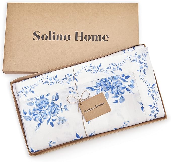 Solino Home Blue Floral Print Table Runner 108 Inches Long - 100% Pure Linen Table Runner 14 x 108 Inch - Handcrafted and Machine Washable - Jolie Fleur Print