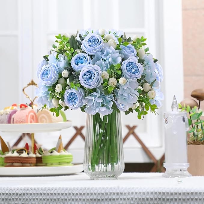ASTRYAS 8Pcs Artificial Peonies Blue Silk Peonies Faux Flower Bouquet Fake Blue Peonies Artificial Flowers Table Centerpieces for Bridal Wedding Home Party Office Decoration Bulk