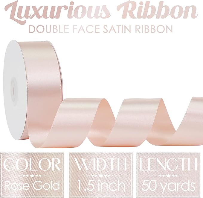 MEEDEE Rose Gold Satin Ribbon 1-1/2 Inch Rose Gold Ribbon Lux Double Faced Satin Ribbons by 50 Yards Polyester Satin Ribbons for Crafts, Wedding, Flower Bouquet, Holiday Decorating