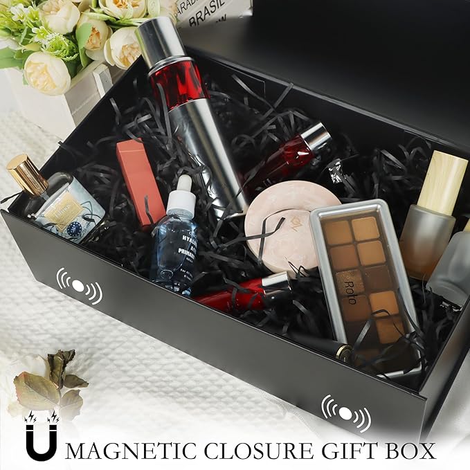 Black Gift Box with Magnetic Lids 13.8x8.3x4.4 in, Large Bridesmaid Groomsman Proposal Boxes 1 Pack, Collapsible Rectangle Storage Box
