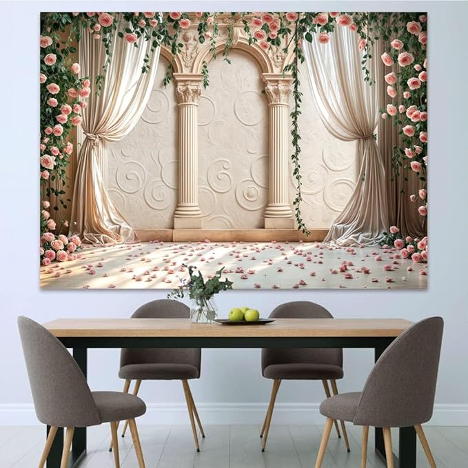 Wedding Party Backdrop, Floral Grass Wall White Sheer Curtain Flower Arch Photography Background, Greek Rose Wall Arch Lover Marriage Proposal Bridal Reception Photo Booth Props Banner 8x6ft