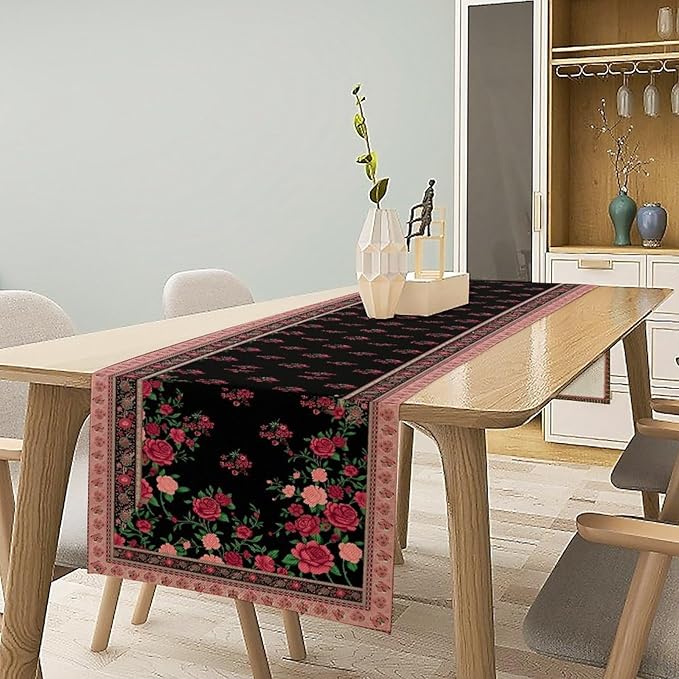 Romantic Rose Table Runner, Black Red Floral Blossoms Farmhouse Rustic Decor Table Runner for Kitchen Dining Home Party Wedding, 13x60 Inch