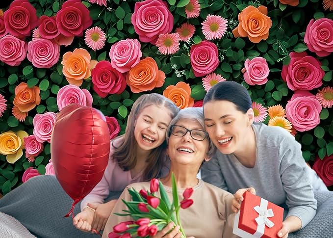 Flowers Backdrop for Photography Colorful Rose Floral Green Leaf Wall Backdrop for Valentine's Day Wedding Bridal Shower Birthday Party Decoration Supplies (94X70 inch (8x6FT))