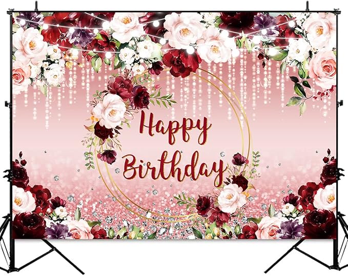 Sensfun Floral Happy Birthday Backdrop Burgundy Flowers Rose Gold Glitter Bokeh Spots Photo Background Vinyl Women Birthday Party Cake Table Decorations Photoshoot Banner (10x6.5ft)