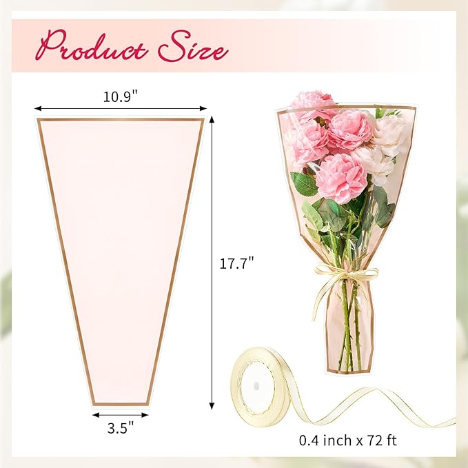 Mauproy 50 Pack Pink Flower Bags for Bouquets, 17.7 x 10.9 Inches Plastic Flower Sleeves Clear Front Floral Wraps with Ribbons for Christmas Florist Packaging Supplies