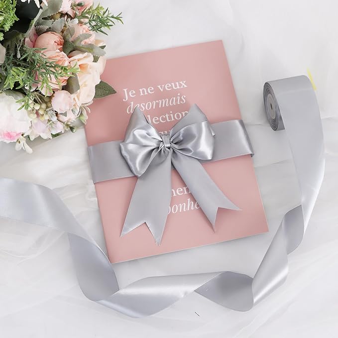 TONIFUL 2 in x 25 Yds Wide Silver Satin Ribbon Solid Fabric Ribbons Roll for Crafts Chair Sash Valentine's Day Gift Wrapping Invitation Cards Floral Hair Bows Sewing Party Wedding Car Decoration