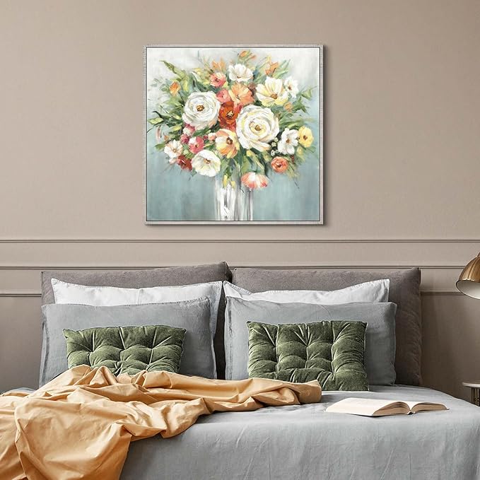 Framed Bouquet Canvas Wall Art - Abstract Elegant Floral Painting Modern Blossom Flower Picture Colorful Rose Artwork Prints for Living Room