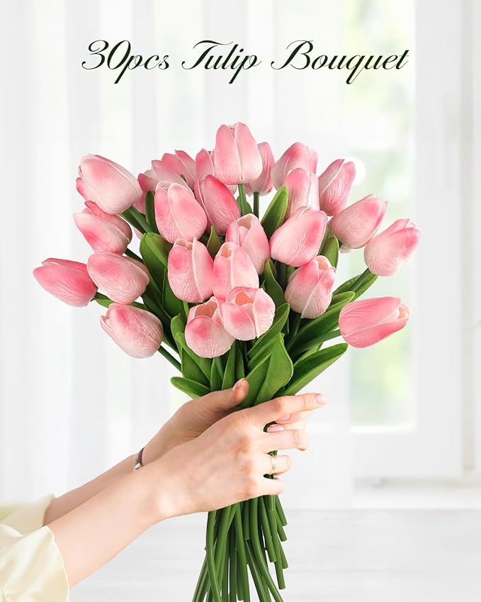 MACTING 30 PCS Artificial Tulip Flowers 13.7" Real Touch Fake PU Tulips Bouquet Faux Flowers for Floral Arrangements Table Centerpiece Kitchen Home Indoor Outdoor Summer Decorations(Peach Pink)
